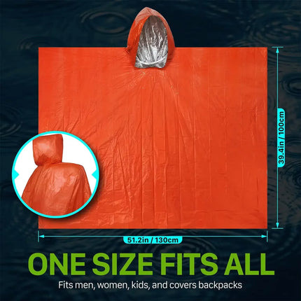 Emergency Rain Poncho Hood Reusable Weather Resistant Raincoat Men Women Camping Hiking Outdoor Survival Waterproof Travel Gear